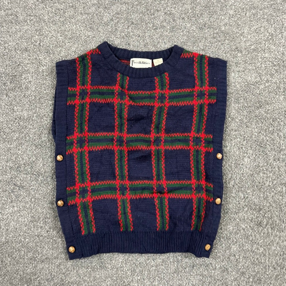 Possibilities Sweater Vest Womens Size S Navy Blue Red Green Plaid Side Button